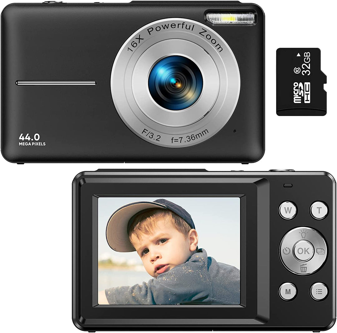 Cámara digital compacta recargable 44MP y video 1080P, ideal para fotos y vídeos de calidad.