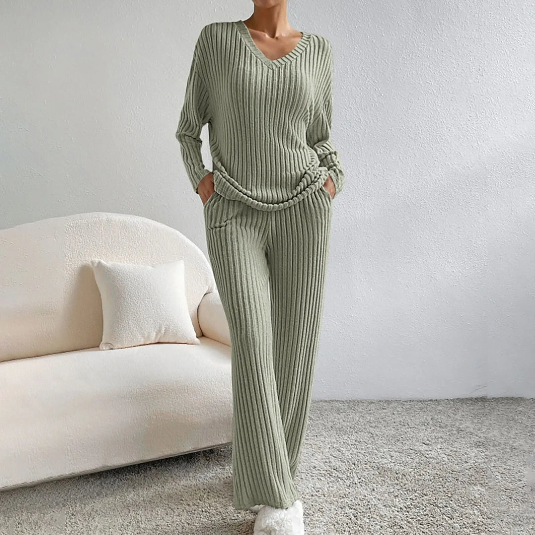 Conjunto de punto acanalado, ropa cómoda para mujer, estilo casual y elegante.
