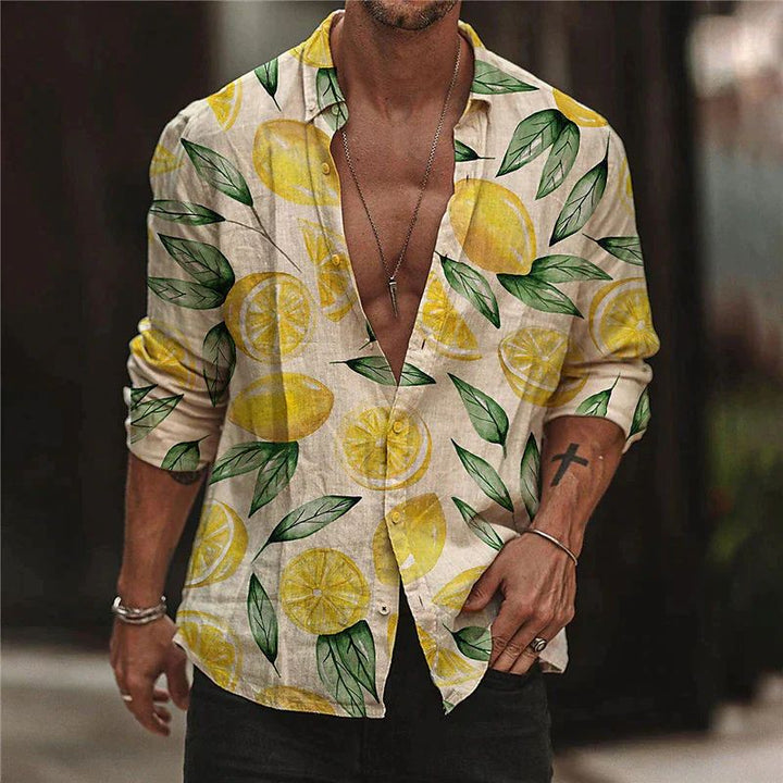 Polo de verano para hombre, cuello V, ligero, con estampado de limones. Moda masculina fresca y casual de primavera.