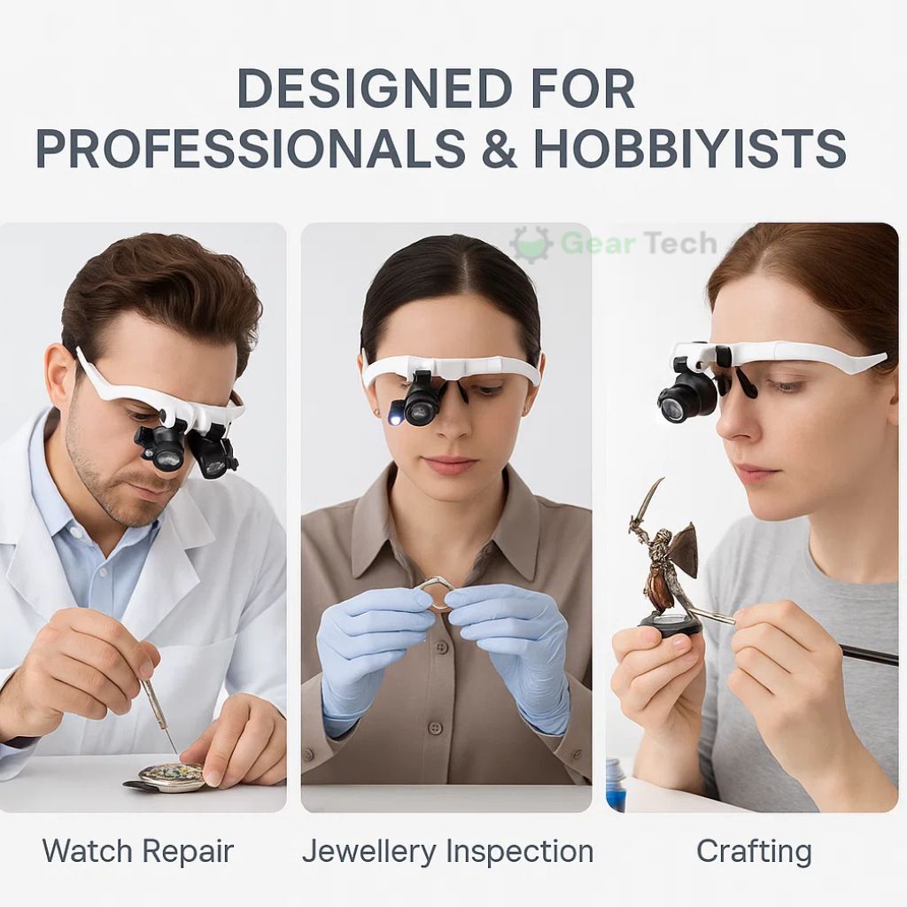 Gafas lupa LED versátiles para reparacion electronica, modelismo, artesania y tareas de alta precision.