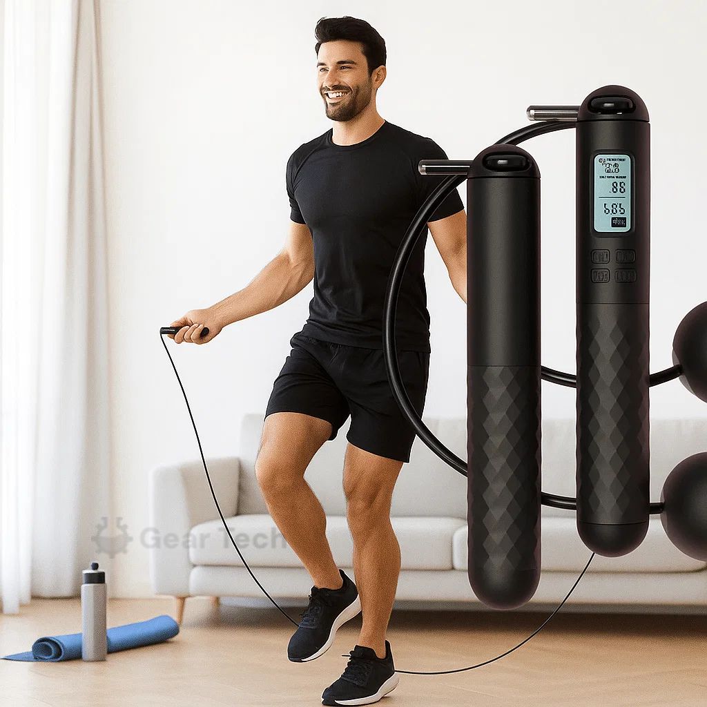 Comba inalámbrica digital con peso, ideal para cardio y entrenamiento eficiente en casa.