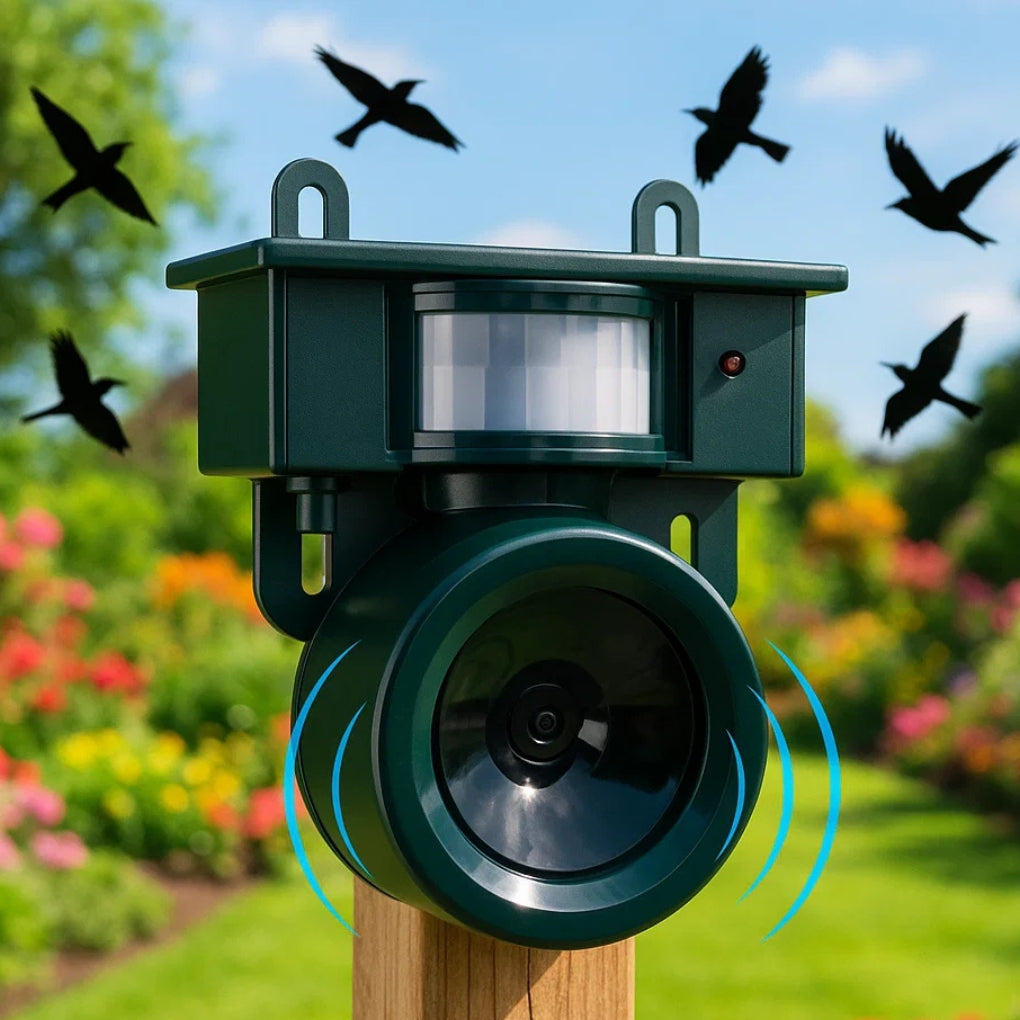 Repelente solar de aves TerraGuard con sensor PIR, ideal para jardín y exteriores.