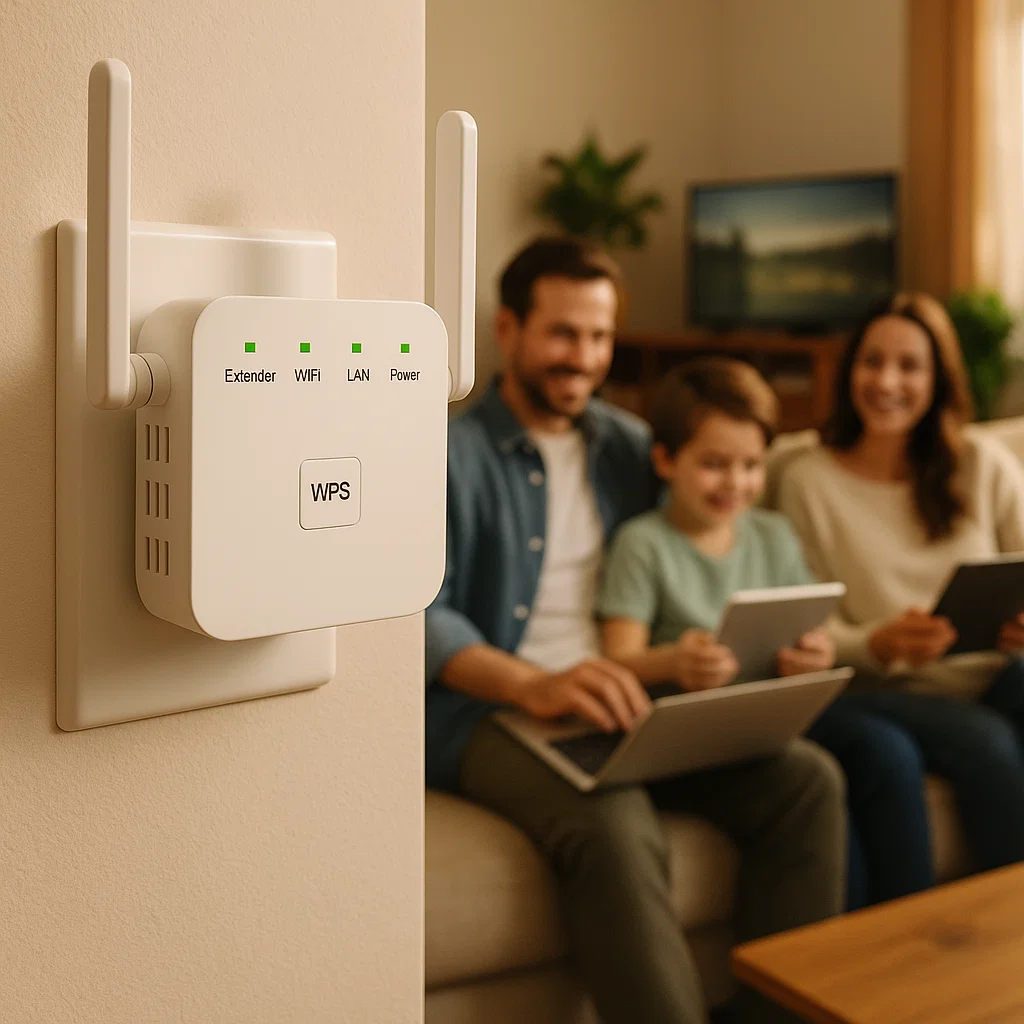 Repetidor WiFi de alta velocidad. Cobertura 300 metros. Tecnología doble banda 5G y 2.4GHz.