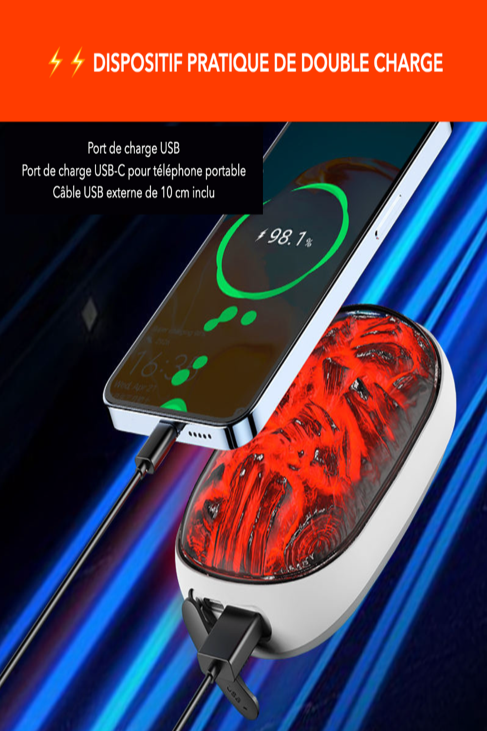 Protege tus manos del frío: calentador portátil con efecto llama y power bank USB-C.