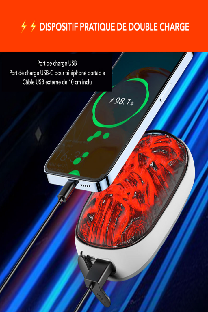 Protege tus manos del frío: calentador portátil con efecto llama y power bank USB-C.