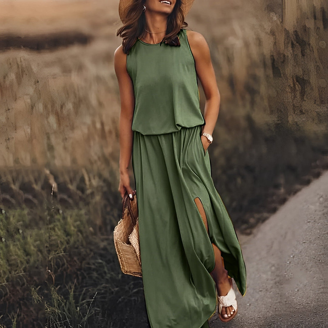Vestido elegante retro sin mangas para mujer, perfecto para eventos de verano o estilo casual chic.