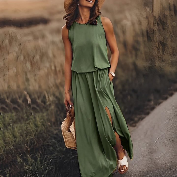 Vestido elegante retro sin mangas para mujer, perfecto para eventos de verano o estilo casual chic.