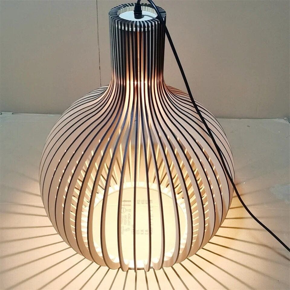 Lámpara colgante jaula de bambú, estilo rústico moderno, iluminación interior.