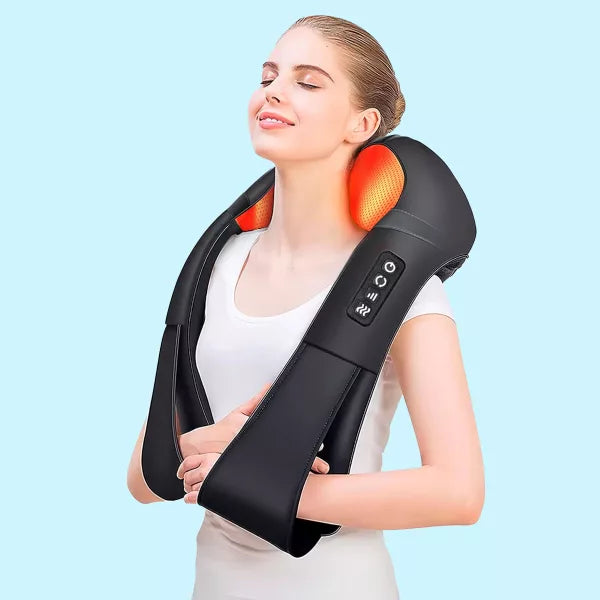 Masajeador eléctrico en U para cuello y hombros, alivio profundo del dolor y relajación muscular.