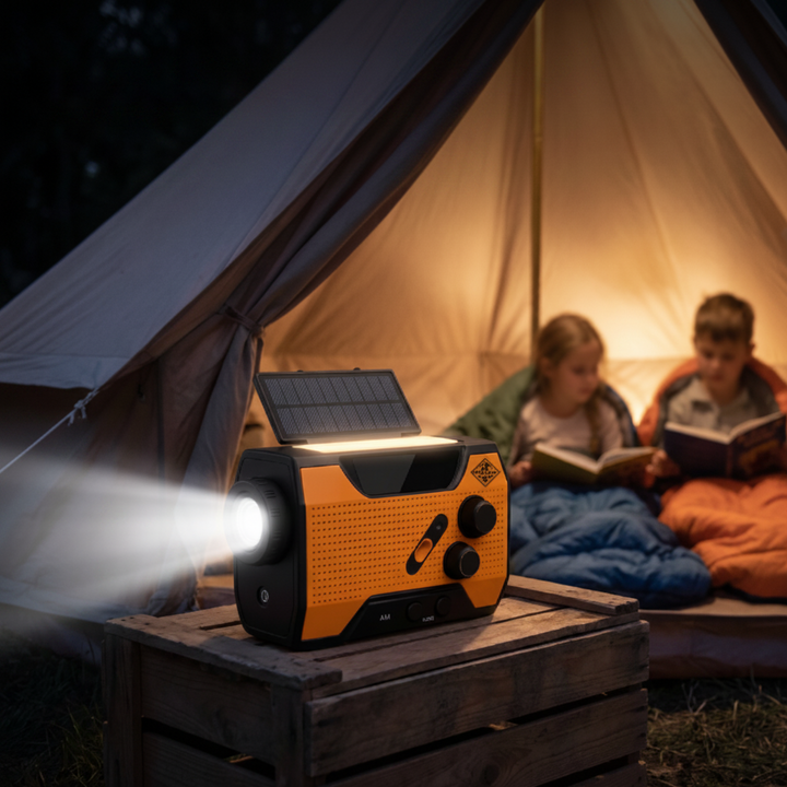 Radio de emergencia portátil 4 en 1, con linterna LED, cargador USB y alarma SOS para supervivencia.