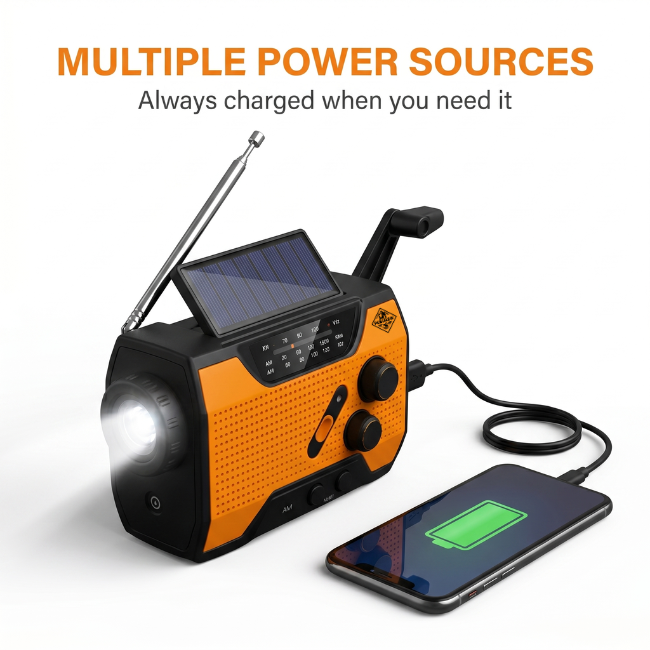 Radio de emergencia con batería recargable (solar/manivela), linterna potente y alerta SOS para autonomía.