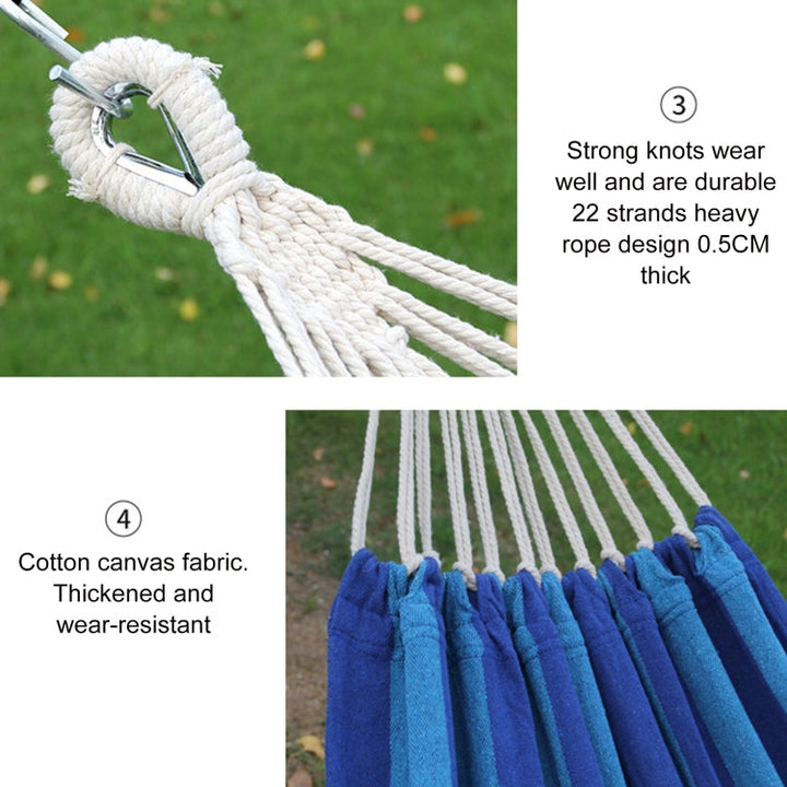 Relájate al máximo con esta hamaca de lona resistente, diseño azul para uso en exterior e interior.