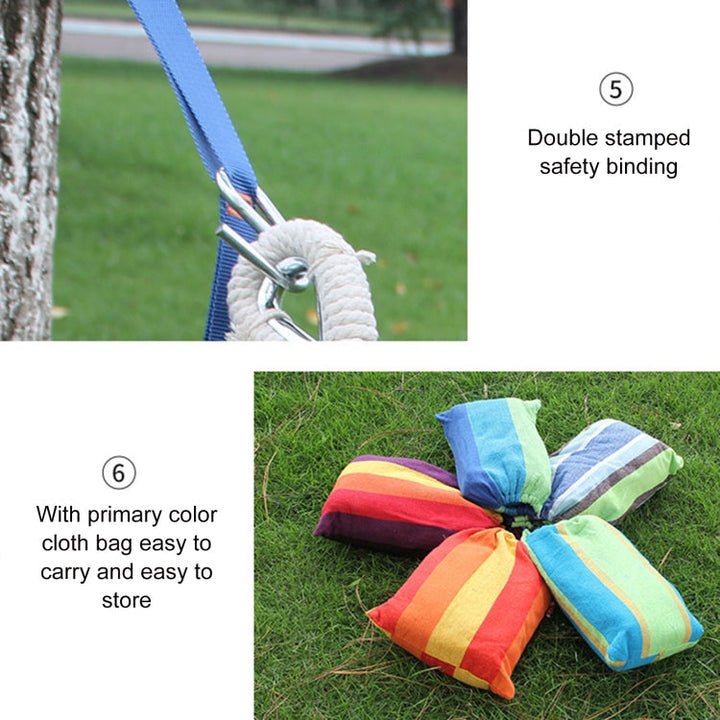Hamaca de lona azul portátil, con barra curvada removible. Ideal para camping, jardín y balcones.