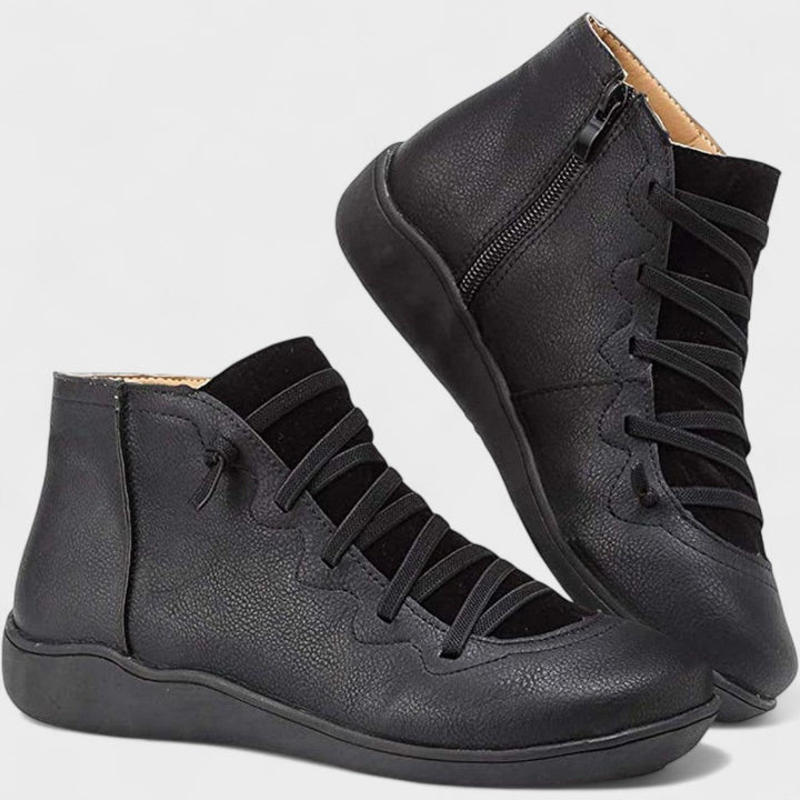 Botines de mujer elegantes con cordones y cremallera. Calzado de tobillo cómodo para uso diario y estilo casual de moda.
