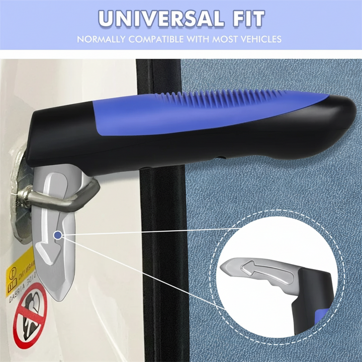 Herramienta de emergencia rompeventanas y soporte portátil para auto en un estuche compacto, lista para uso vial.