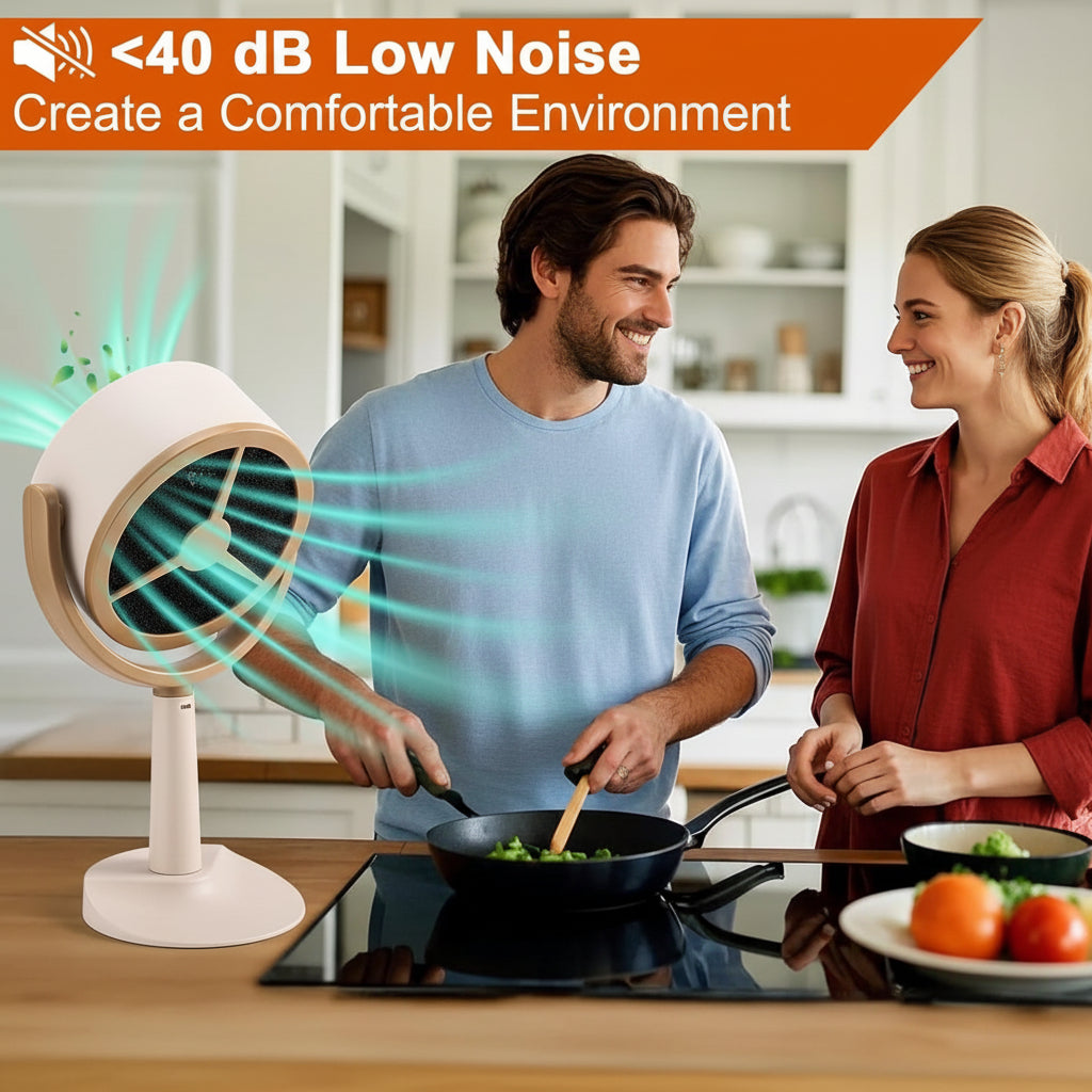 Campana extractora portátil con filtro de aire reemplazable, recargable USB para uso en hogar y camping.