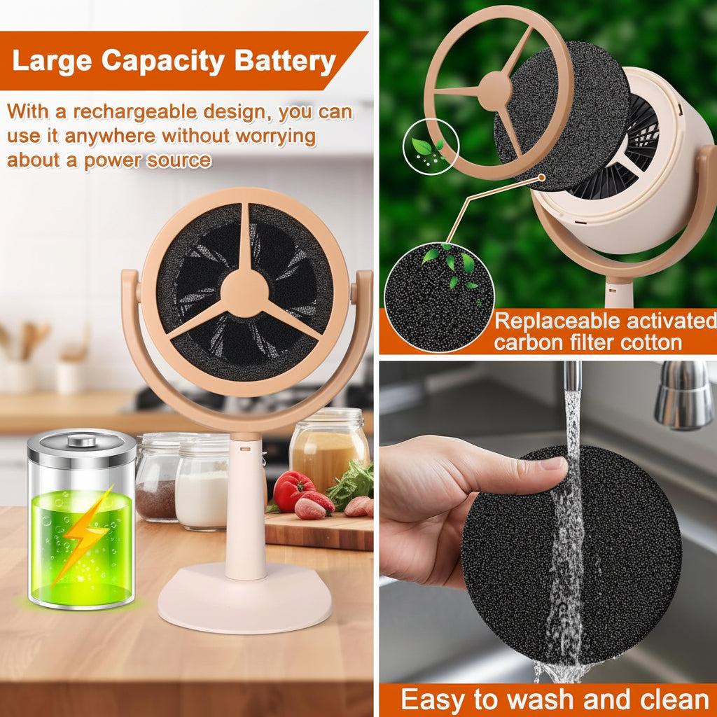 Extractor de olores portátil para barbacoas, camping o eventos al aire libre, con batería recargable.