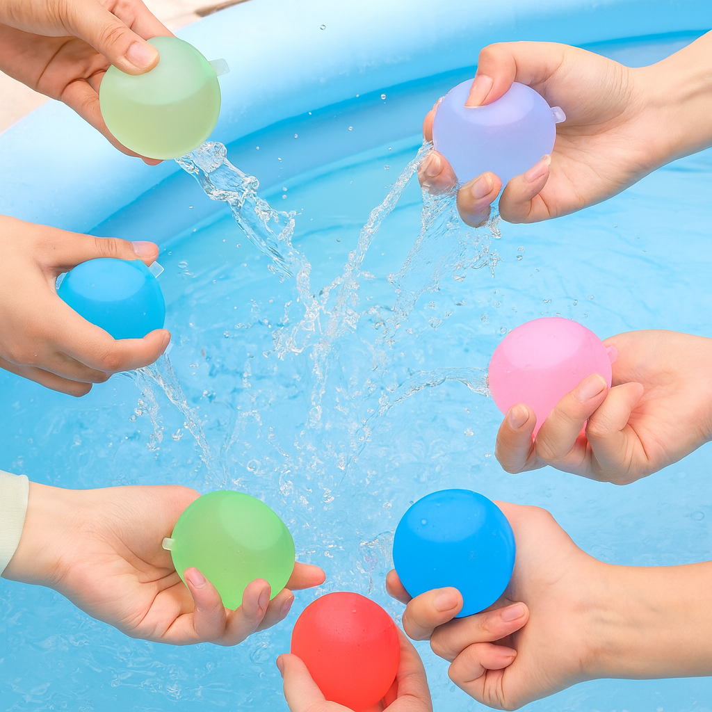 Globos de agua de silicona reutilizables ecológicos para niños. Perfecto juguete acuático de verano para piscina y aire libre.