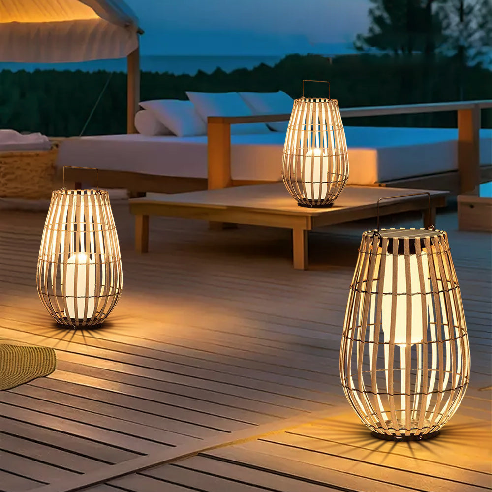 Iluminación rústica solar de rattan. Lámpara de suelo impermeable con luz LED cálida para jardín y balcón.