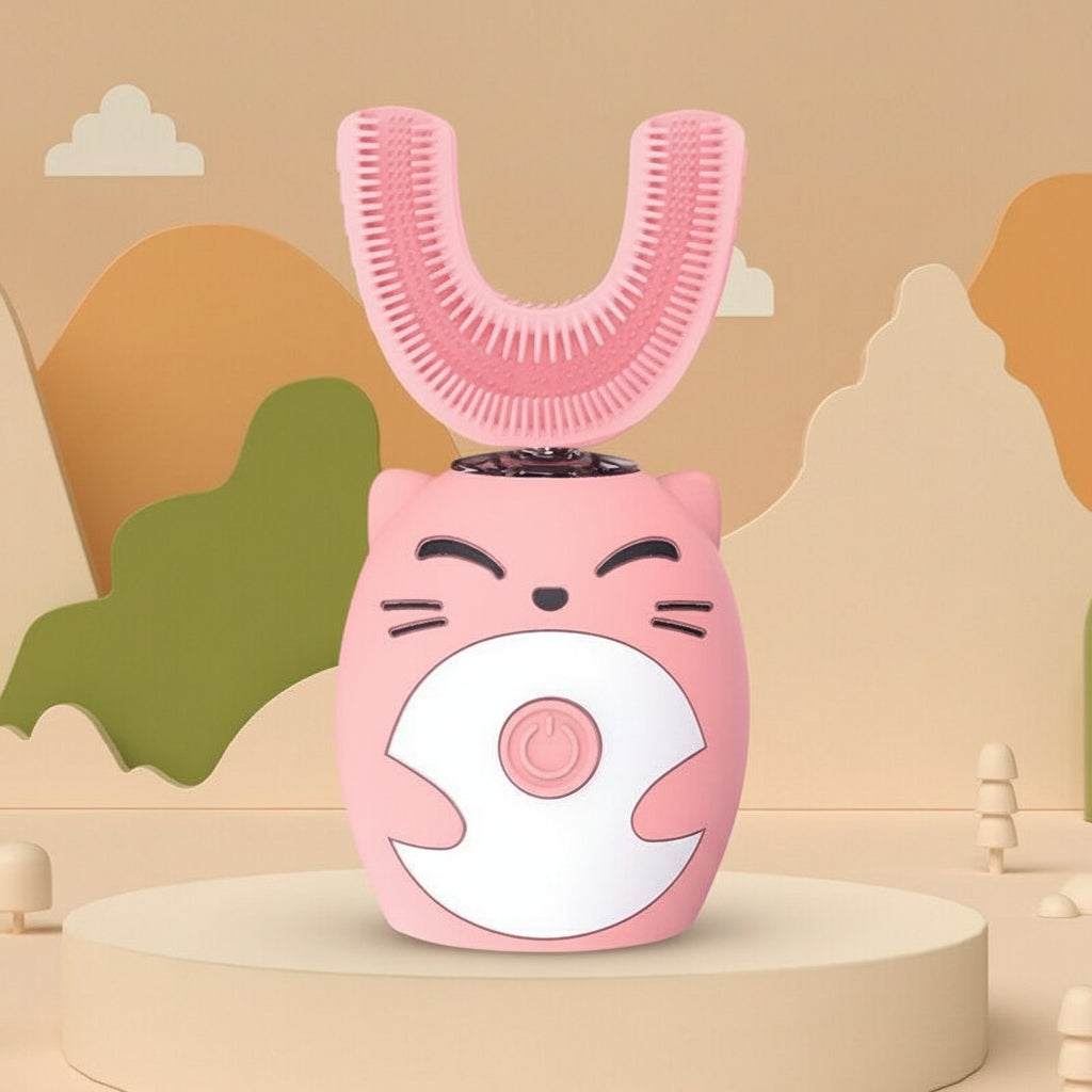 Cepillo de dientes sónico infantil con cabezal en U de silicona. Ideal para una higiene bucal fácil y cuidado dental.