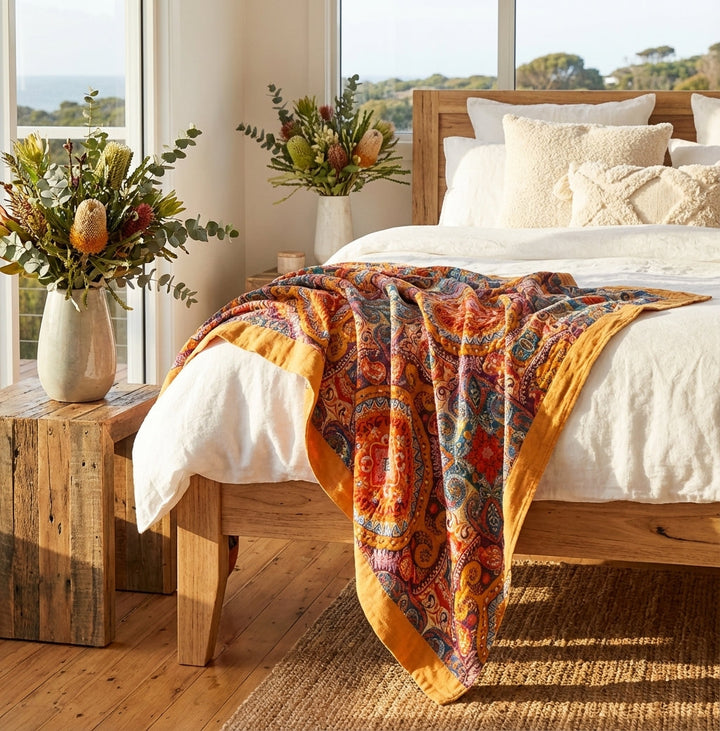 Manta boho de algodón reversible con diseño Amanecer para sofá, cama o picnic. Tejido transpirable para verano.