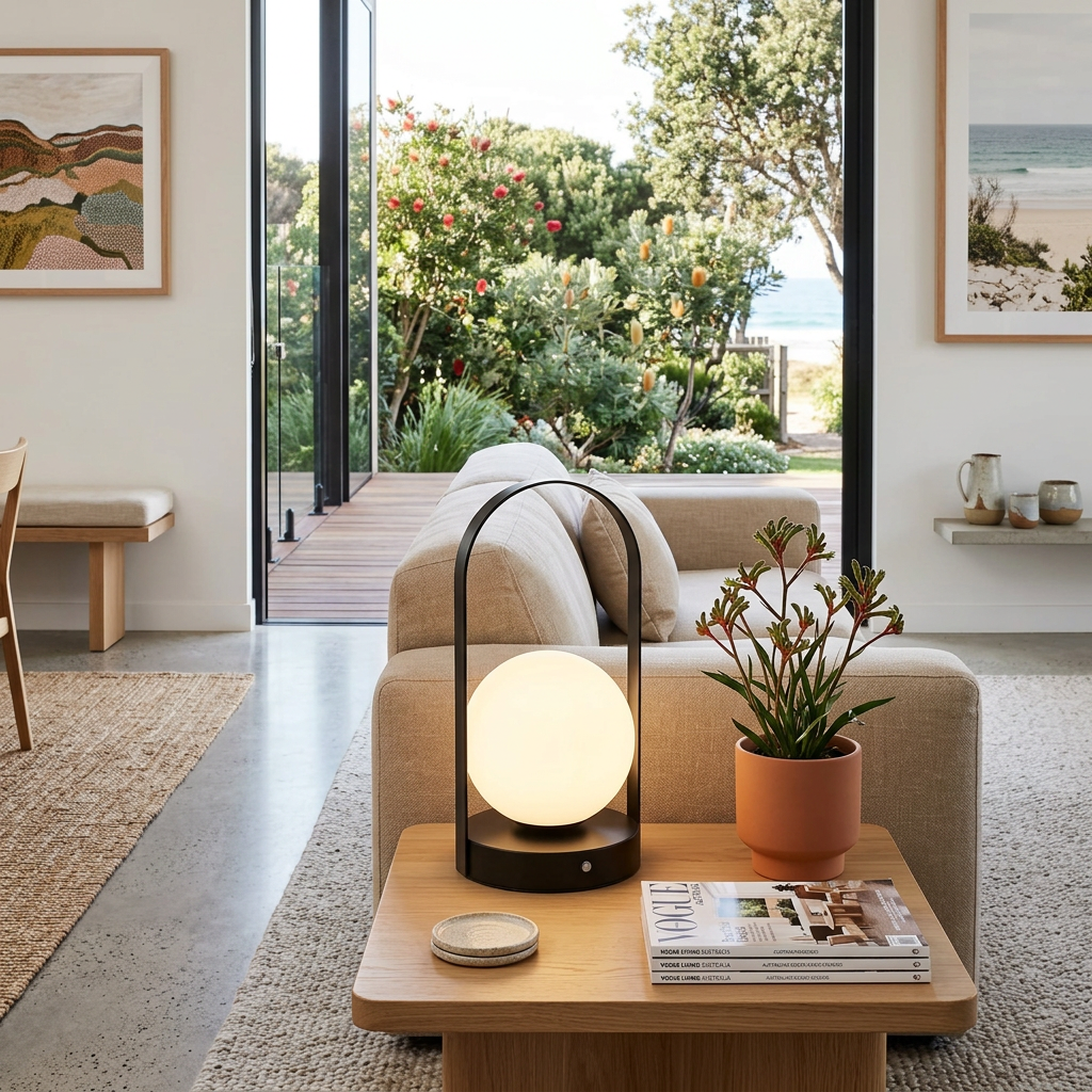 Lámpara de mesa arqueada moderna con globo de vidrio esmerilado, ideal para decoración de hogar y luz ambiente.