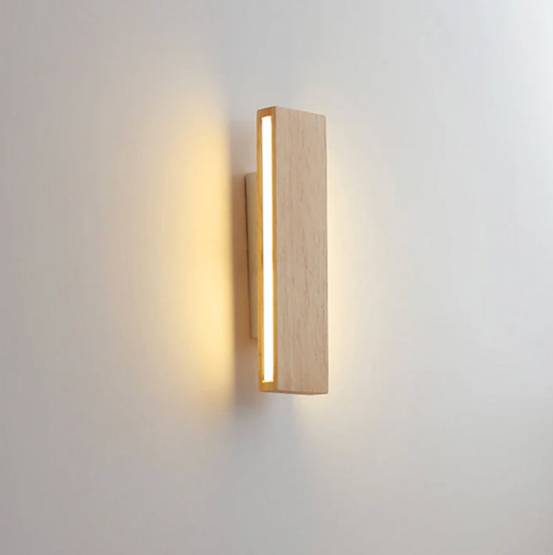 Lámpara de pared escandinava Japandi de madera, diseño arquitectónico minimalista para hogar.