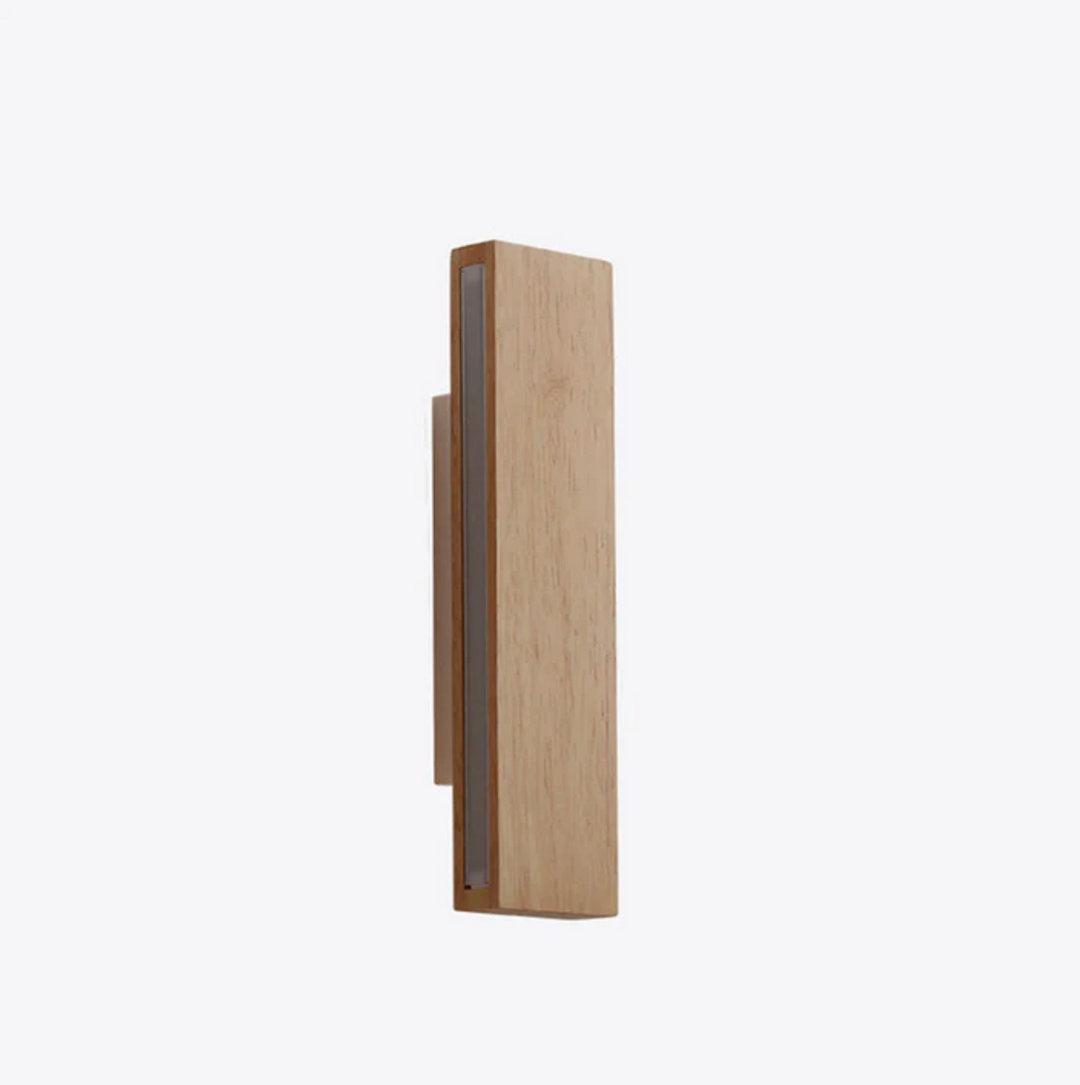 Aplique de pared arquitectónico de madera Japandi, iluminación LED minimalista interior.