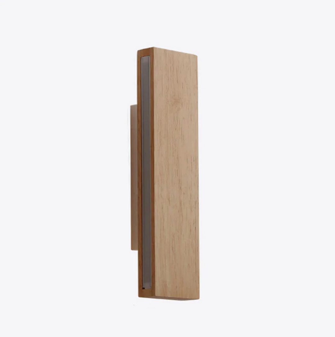 Lámpara de pared de madera clara, estilo Japandi escandinavo, luz LED decorativa.