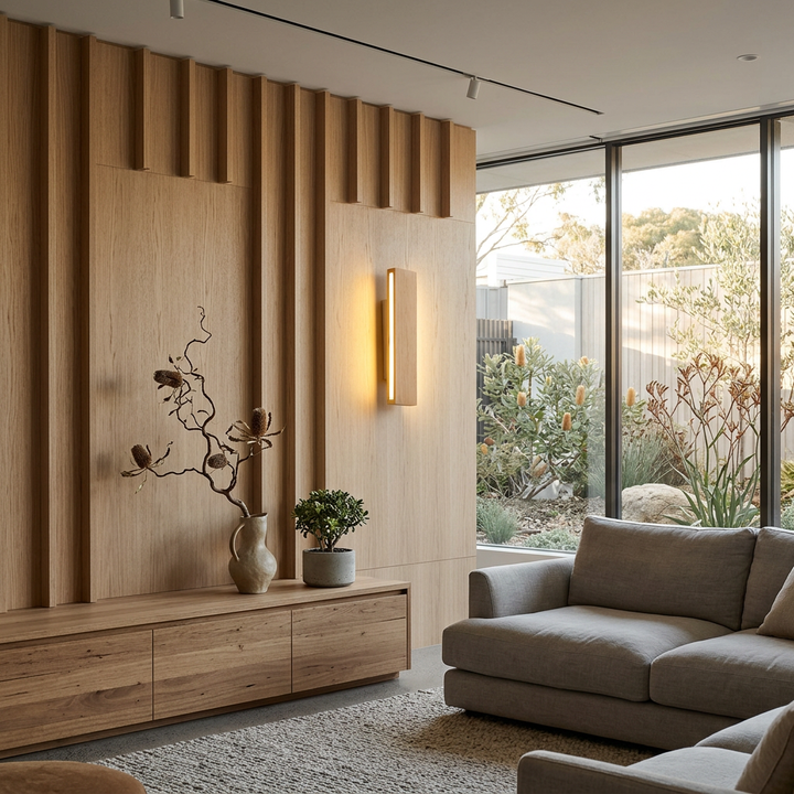 Aplique de pared Japandi arquitectónico de madera, iluminación LED minimalista moderna.