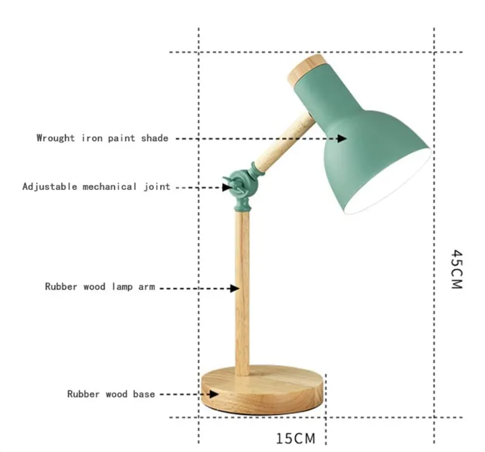 Lámpara de escritorio de madera para oficina. Luz articulada para lectura cómoda y estudio eficaz.