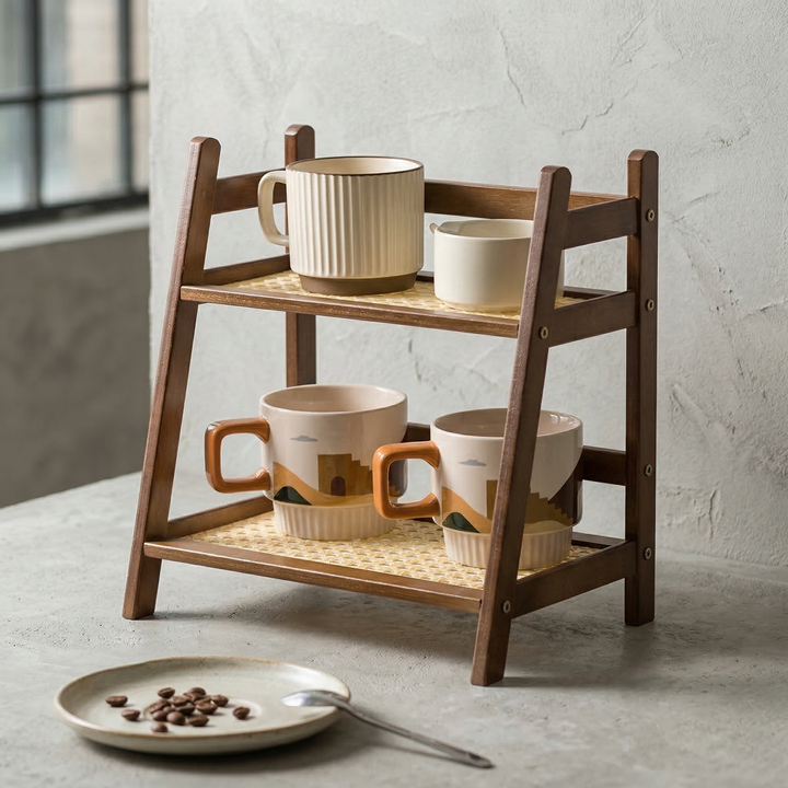 Organizador de encimera doble nivel estilo nórdico para cocina. Almacenamiento vertical estético y moderno.