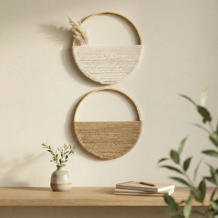 Tapiz de macramé geométrico hecho a mano de algodón natural. Ideal para decoración de pared boho chic.