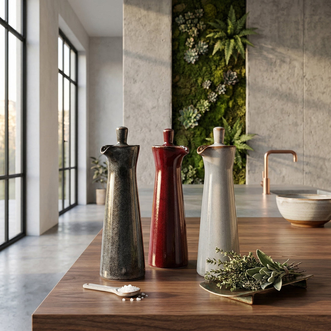 Dispensador artesanal de aceite y vinagre, diseño esmalte corrido, cocina y mesa elegante.