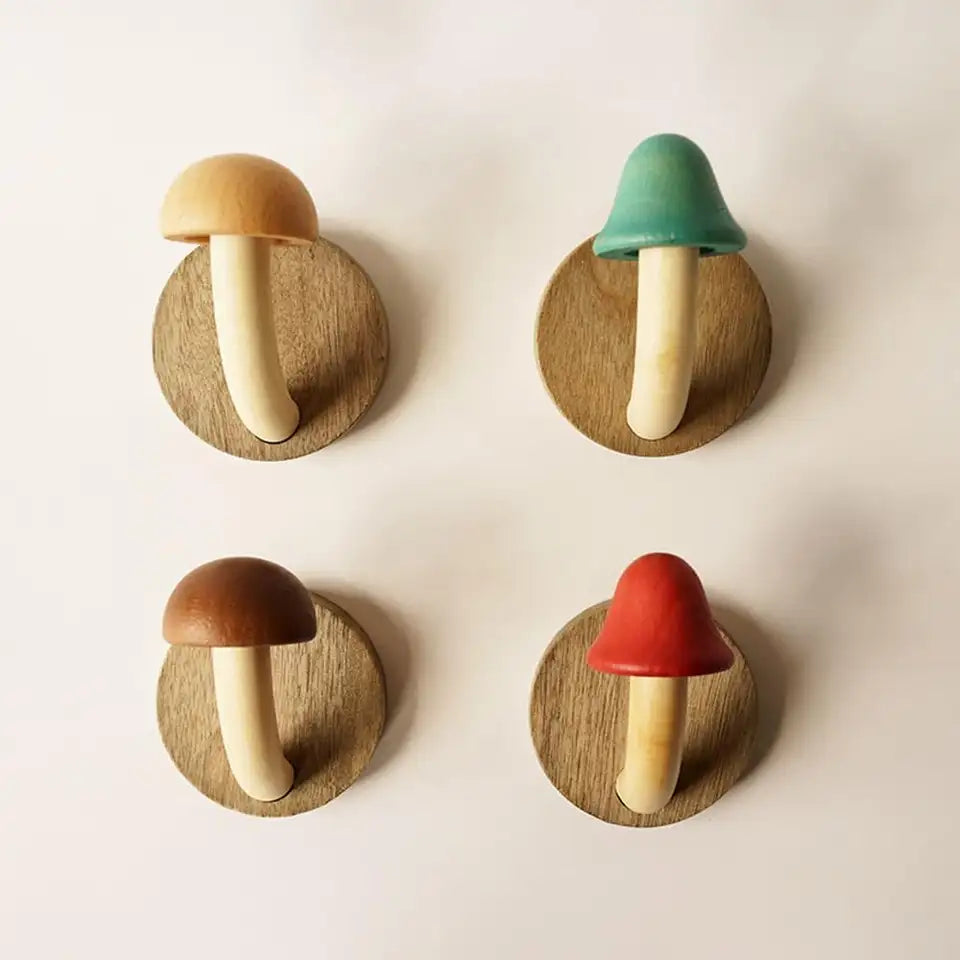Organizador de pared estilo hongo. Ganchos modernos para entrada o habitación infantil. Fácil instalación.