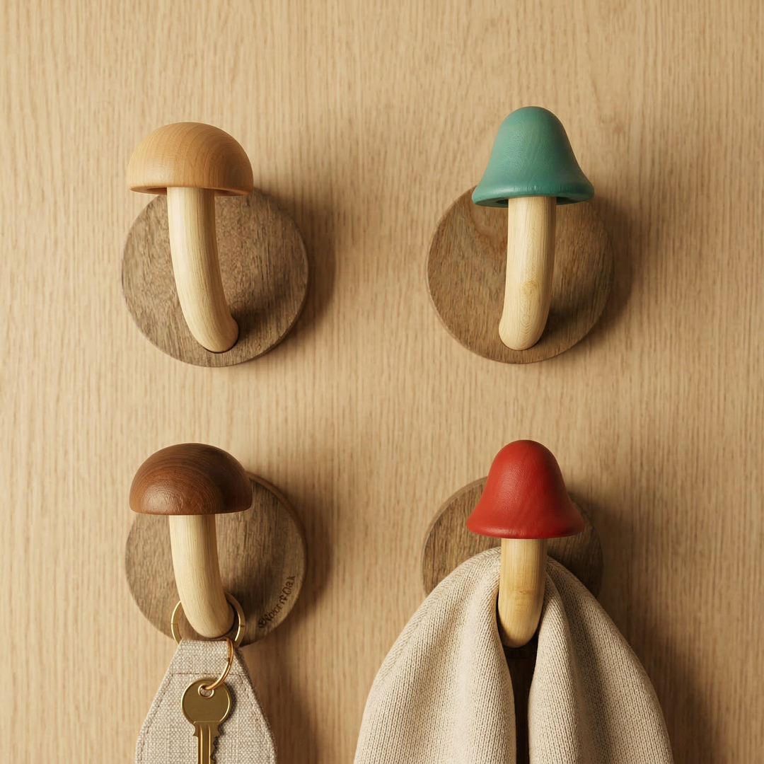 Ganchos de pared decorativos en forma de hongo para organización moderna del hogar. Estilo único.