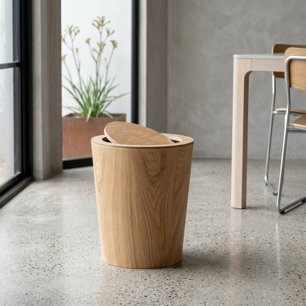 Papelera de diseño minimalista. Madera natural de nogal, ideal para espacios modernos y limpios.