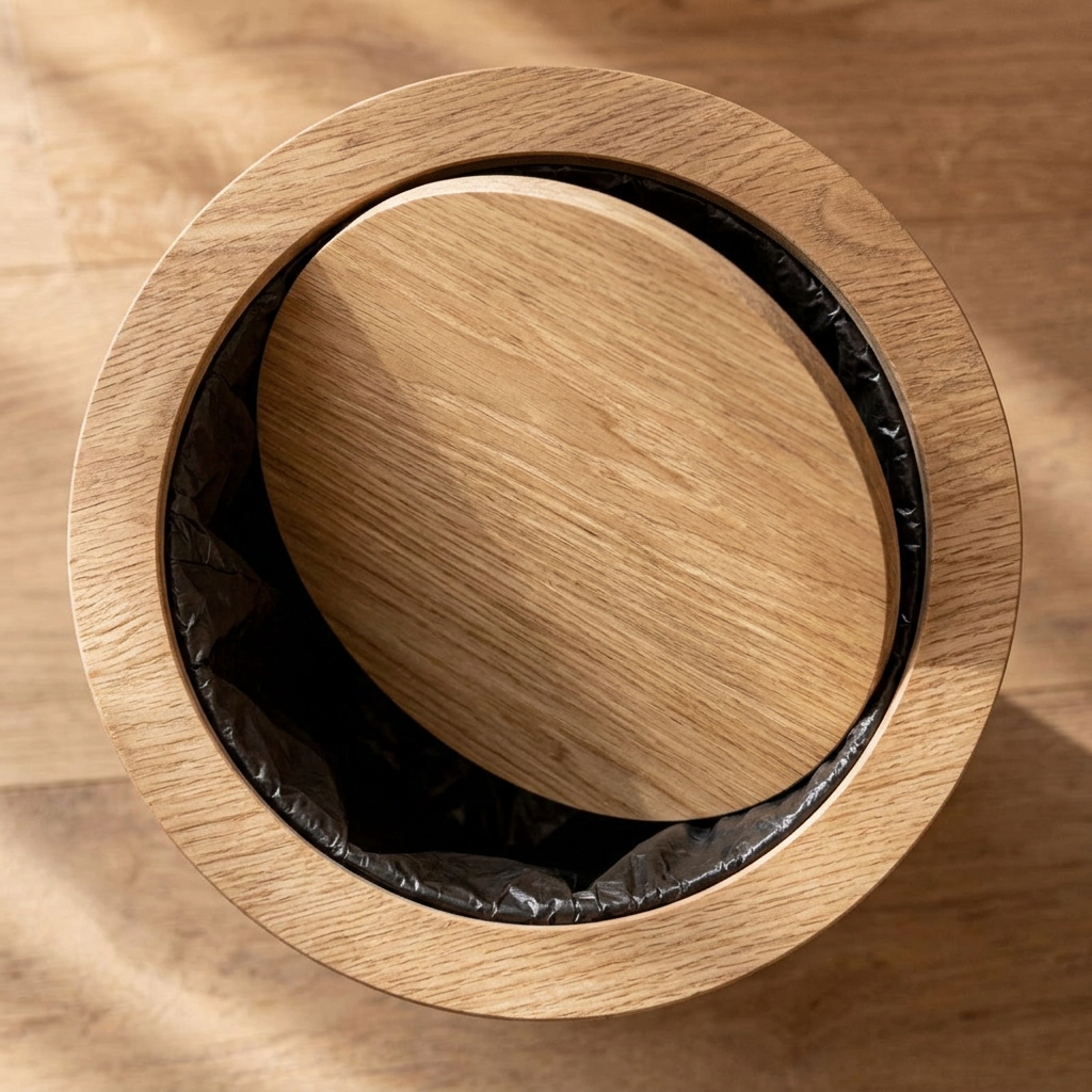 Textura de madera natural de nogal en cubo de basura. Diseño moderno y elegante para cualquier hogar.