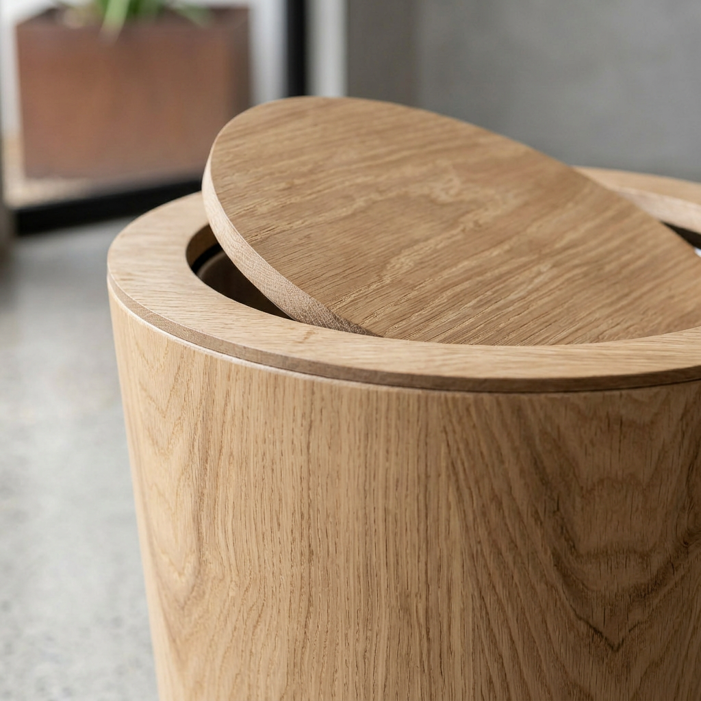 Cubo de basura con tapa de madera de nogal, vista superior. Estilo Japandi, perfecto para hogar.