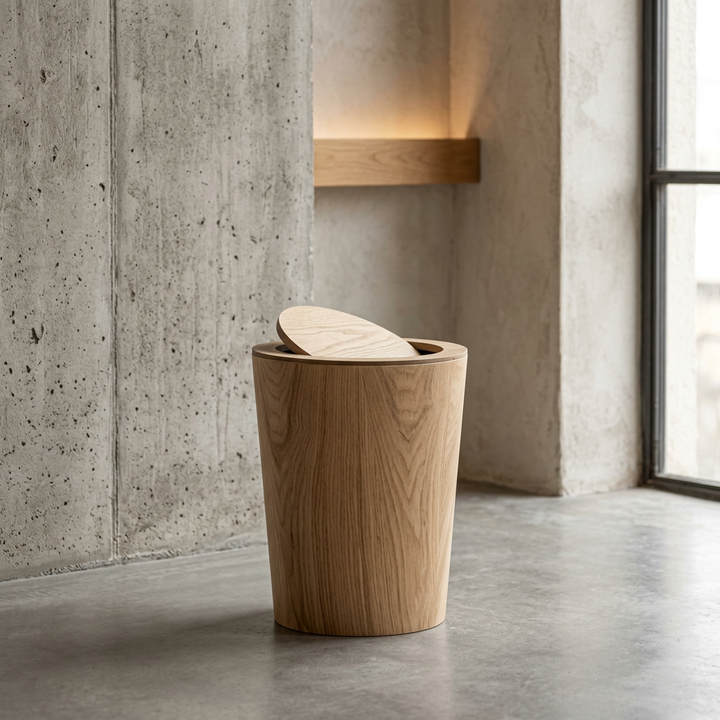 Cubo de basura moderno para hogar, estilo Japandi. Diseño funcional y elegante para decoración.