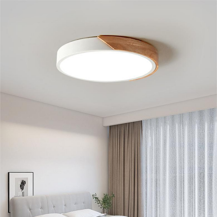 Lámpara de techo LED moderna con acento de madera, iluminación circular estilo escandinavo puro.