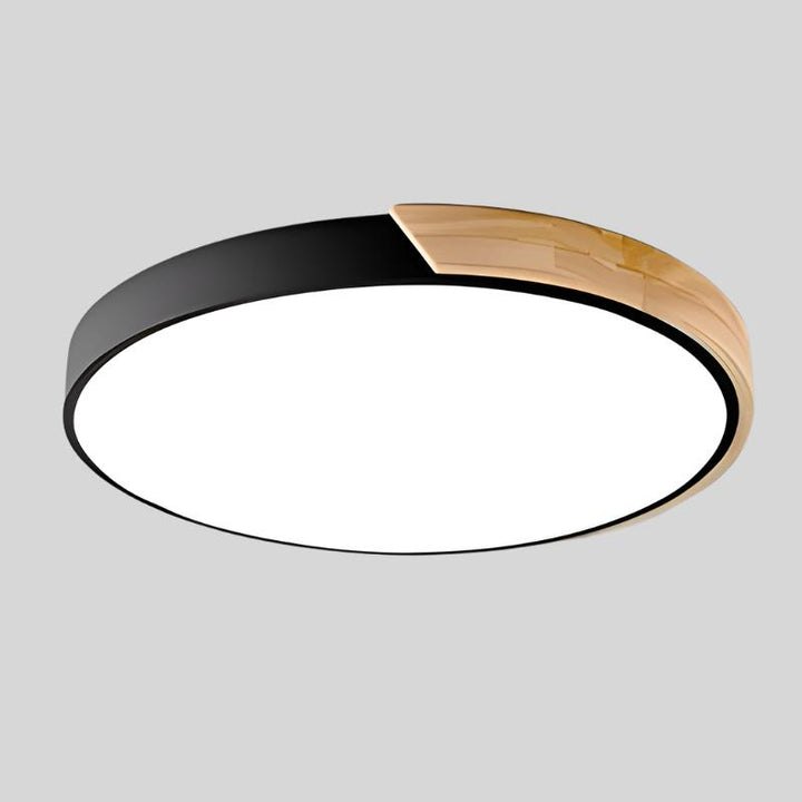 Iluminación LED circular con acento de madera, estilo nórdico escandinavo para techo.