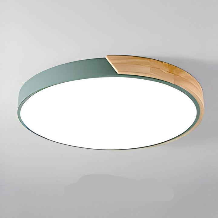 Iluminación LED circular moderna, acento de madera para decoración de techo nórdica original.