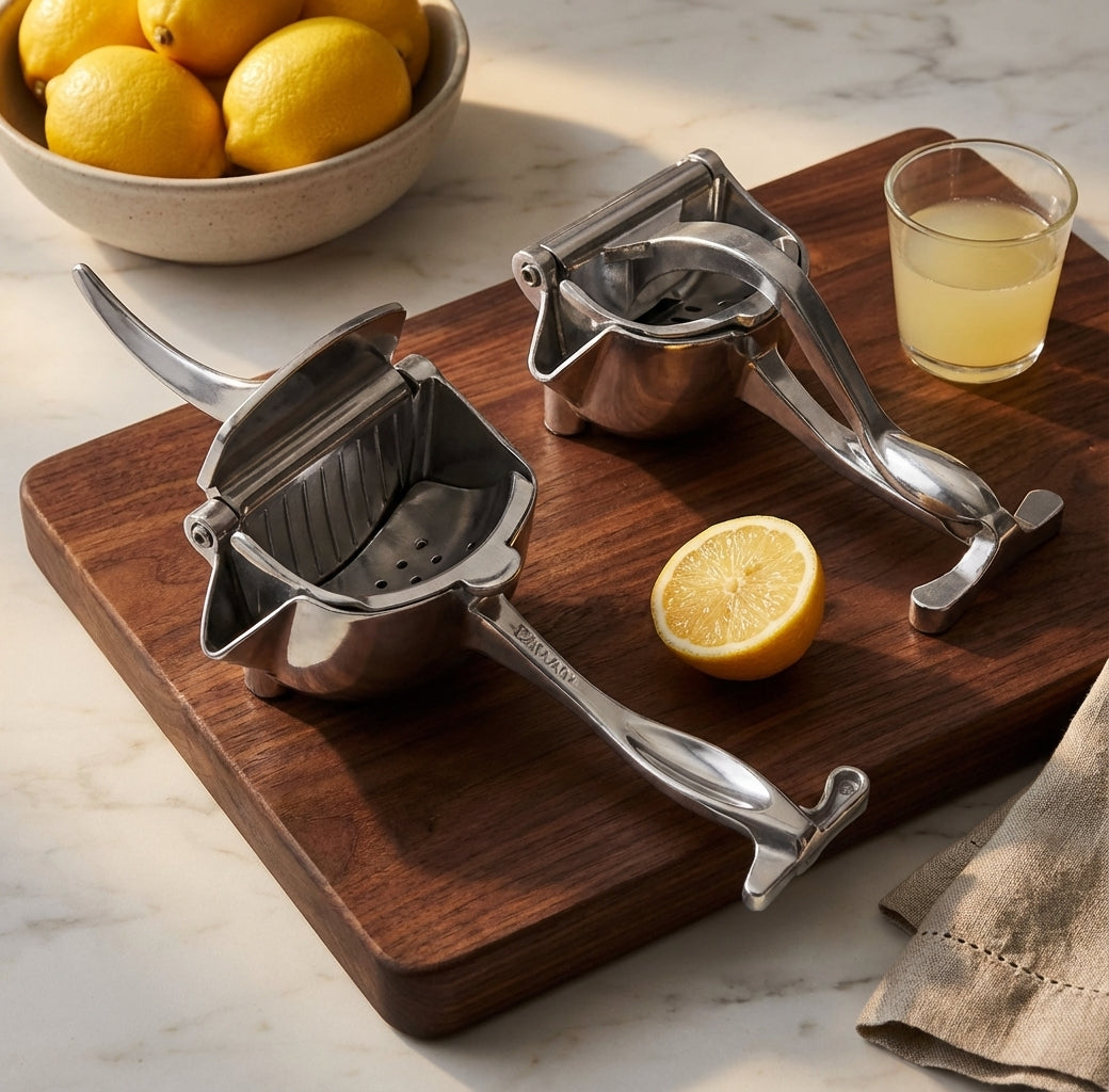 Exprimidor manual de cítricos ergonómico de aluminio, ideal para extraer jugo fresco de limón y naranja fácilmente.