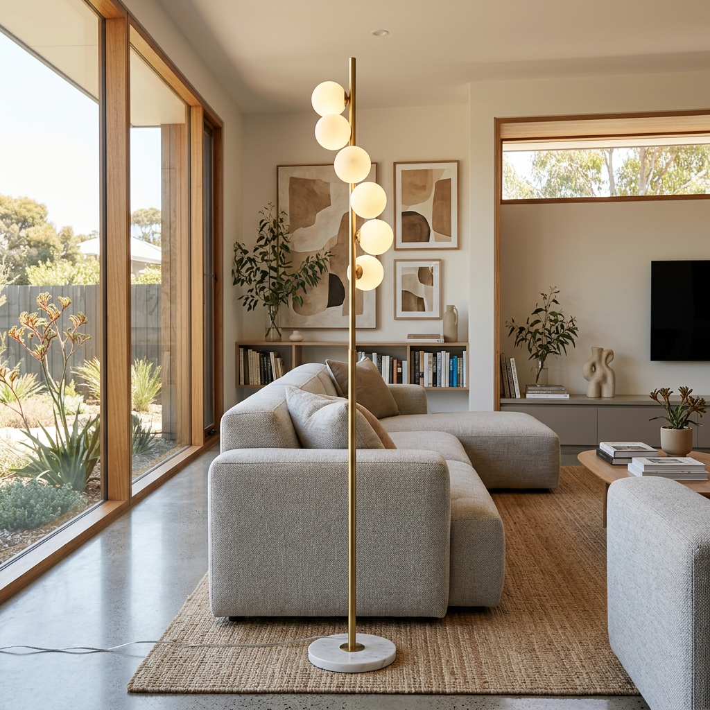Lámpara de pie de latón y ópalo. Diseño contemporáneo y elegante, ideal para iluminación de lujo en tu hogar.