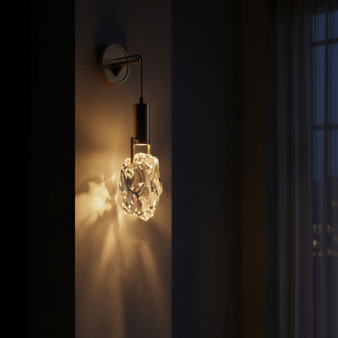 Aplique de pared moderno con cristal tipo piedra de hielo y polea dorada. Lámpara de lujo para iluminación interior.