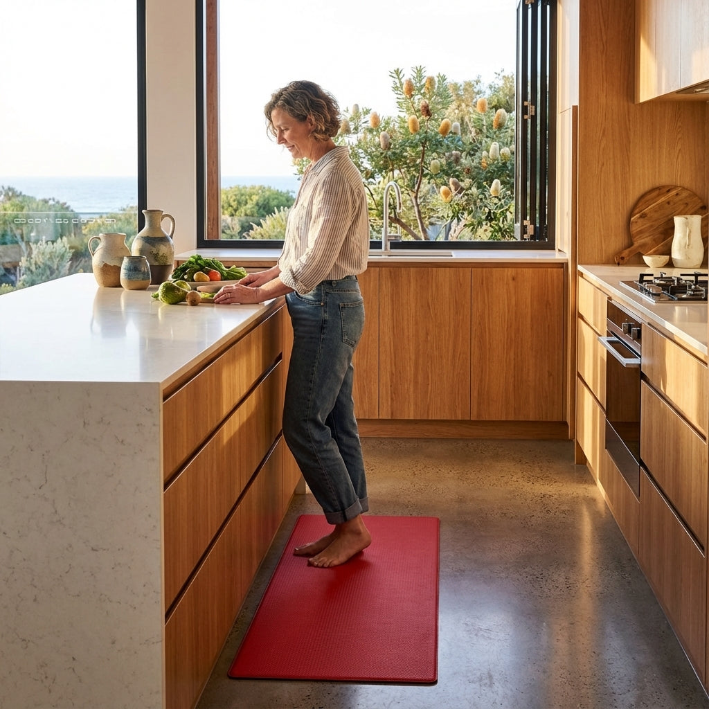 Alfombra de cocina antifatiga y antideslizante. Diseño ergonómico de PVC para confort y soporte en cocinas modernas.