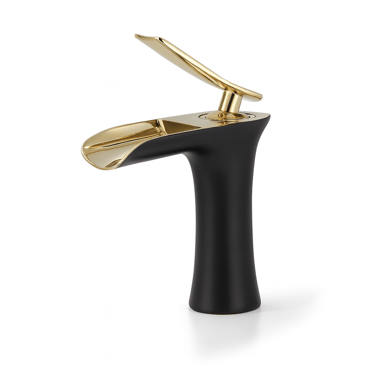 Mezclador de baño ónix mate con salida de agua tipo cascada. Ideal para decoración sofisticada.