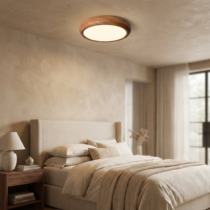 Lámpara de techo LED moderna regulable, diseño nórdico con veteado madera para dormitorio.