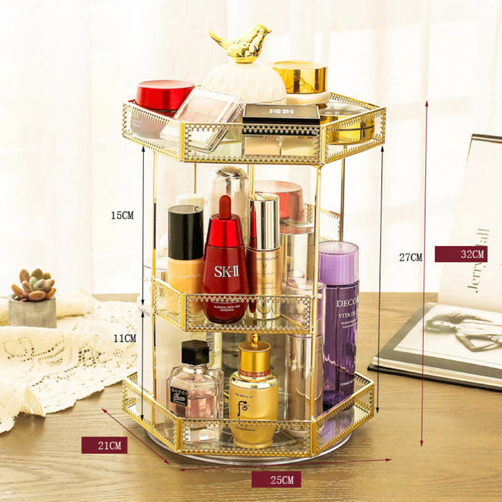 Decoración y organización de tocador con este organizador giratorio de vidrio dorado para cosméticos.
